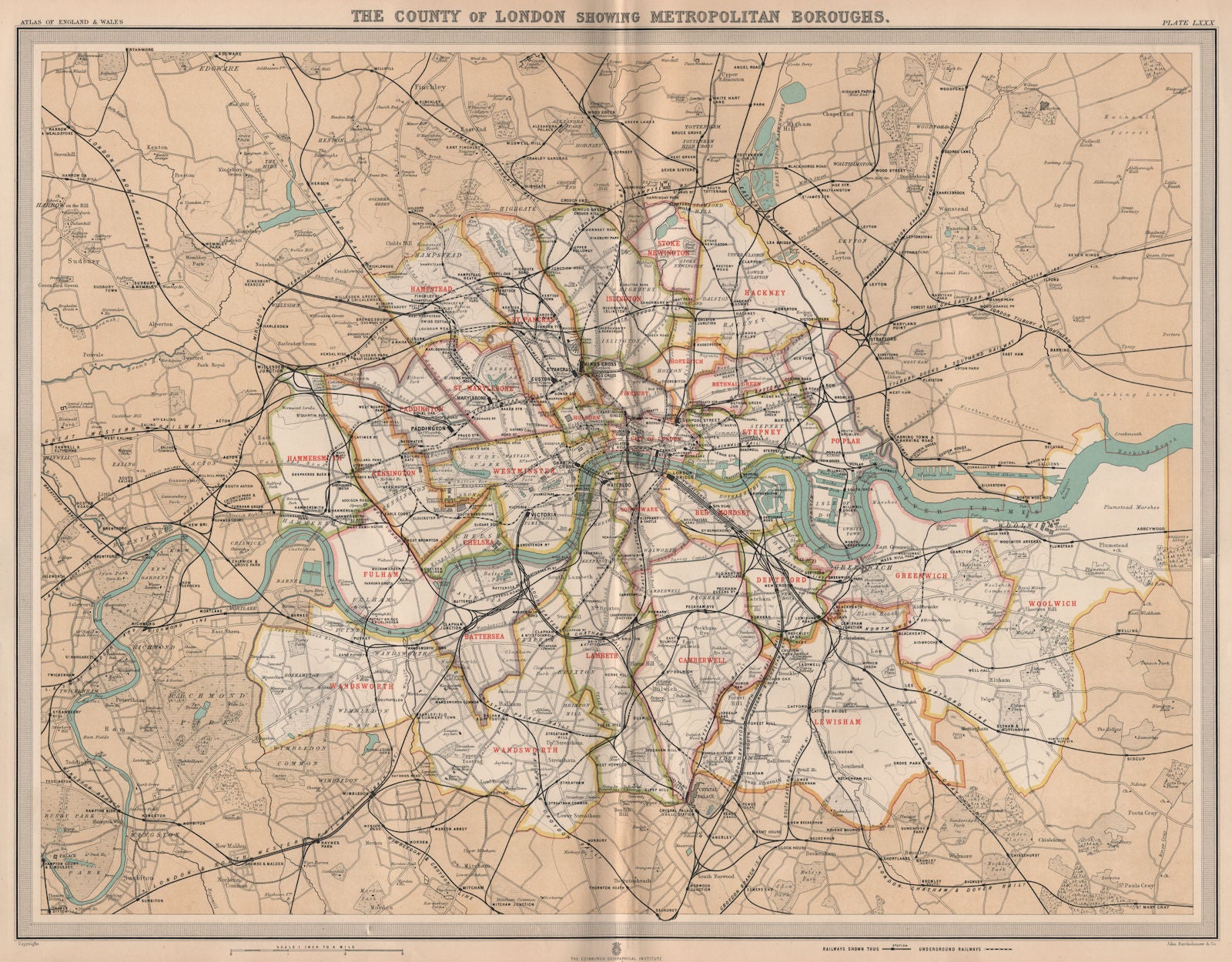COUNTY OF LONDON. Showing Metropolitan Boroughs. Railways tube. LARGE 1903 map